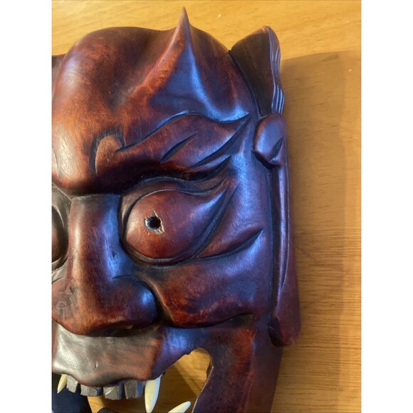 Japanese Wood Oni Mask Noh Carved Kyougen Kagura Hannya Devil Demon Wall - Picture 6 of 8